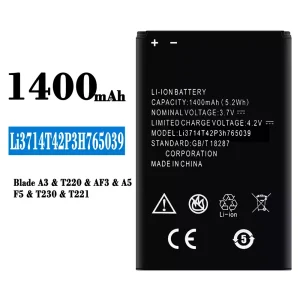 Batería Li3714T42P3H765039 para ZTE Blade A3/T220/AF3/A5/F5/T230/T221